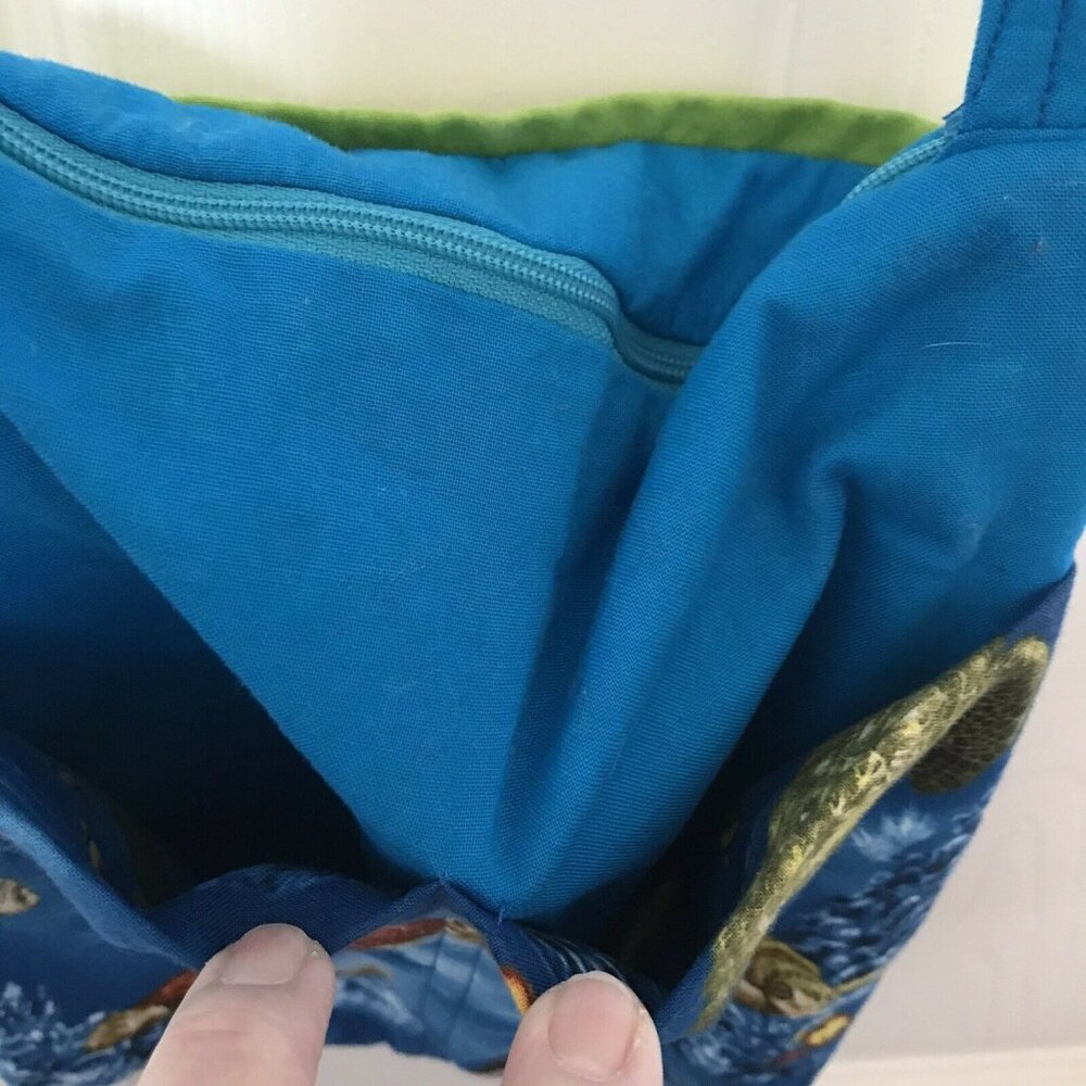 Colorful Sea Turtles Fish Cotton Shoulder Handbag 11" X 9" Blue Green Teal Ocean - Picture 4 of 9